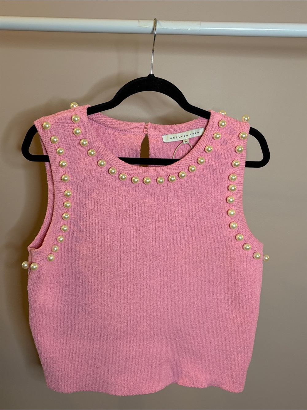 Endless Rose Bubblegum Pink Pearl-Embellished Knit Tank Top